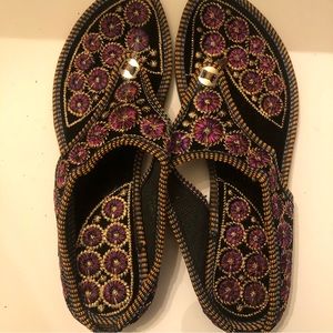 Thong Sandals | Black Velvet with Fuschia Flowers